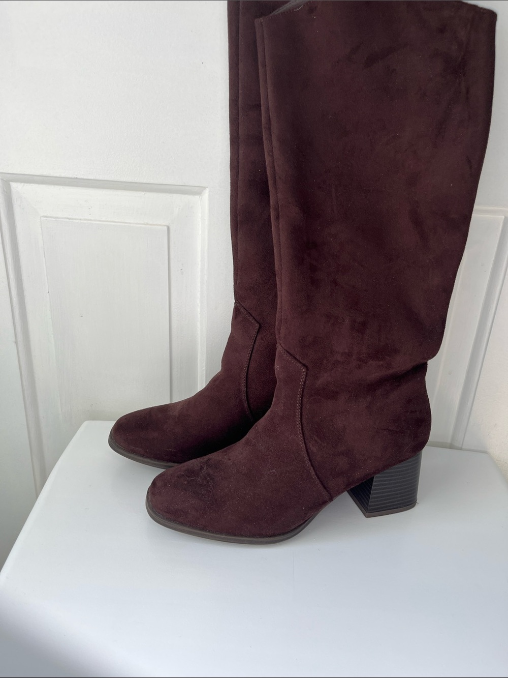 Chocolate Brown Knee-High Faux Suede Block Heel Boots